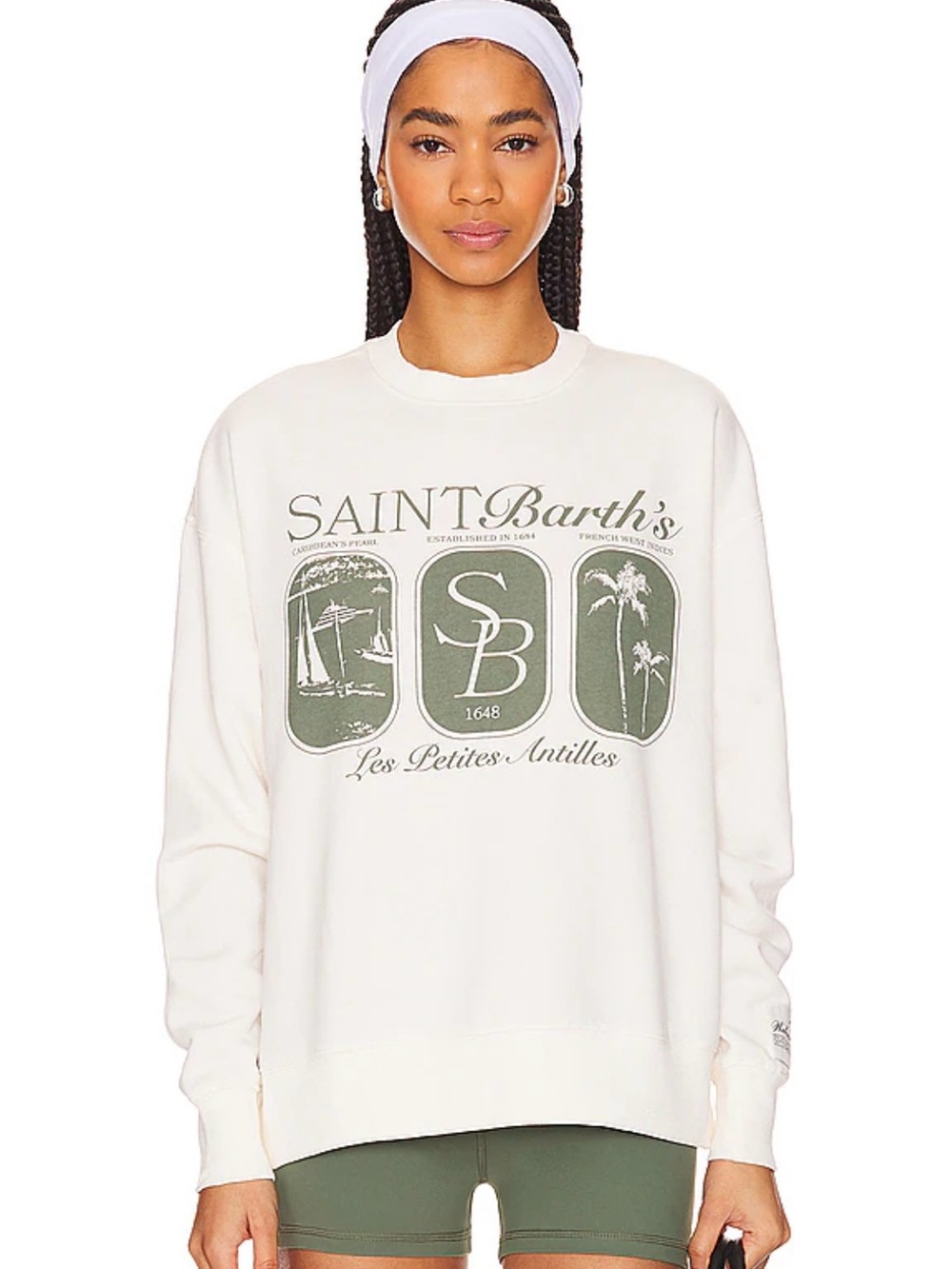 WeWoreWhat Cream Graphic Sweatshirt with Olive Green Print